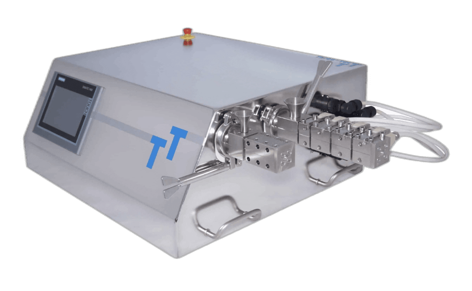 Three-Tec Hybrid Micro Compounder — single-frame chassis with interchangeable 5, 9, and 12 mm twin-screw barrels
